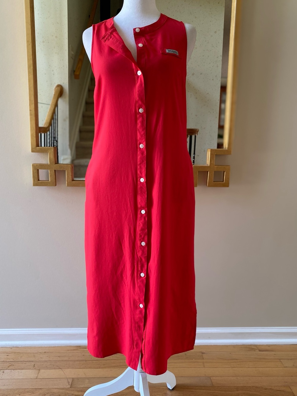 Columbia Red Sleeveless Button Down Midi Dress Chest Pocket Size XS